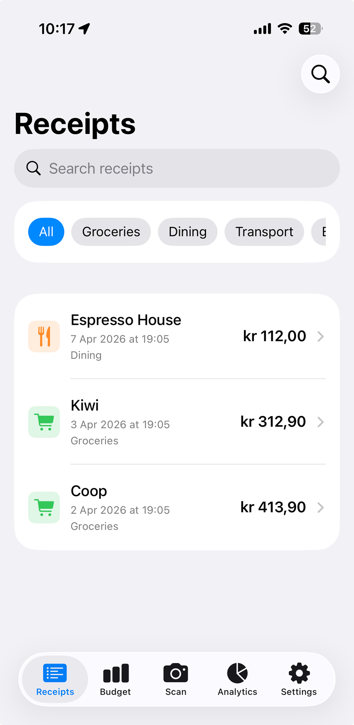 Utgift app showing receipts list with categorized expenses